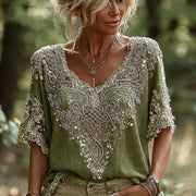 Henrietta - Vintage-Bluse mit Häkel-Details – Grün