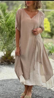 Luna | Damen Kleid Midi Lagenlook Asymmetrisch Kurzarm – Khaki