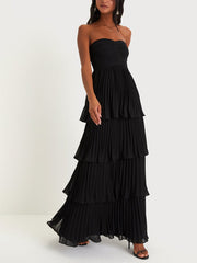 Damen Trägerloses Gerafftes Gestuftes Maxi Anlasskleid – Elegantes Abendkleid – Schwarz