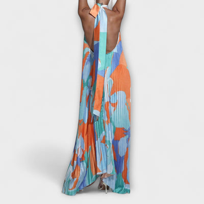 Vida - Schickes Plissiertes Halterneck Rückenfreies Midi-Kleid mit Trägerdesign