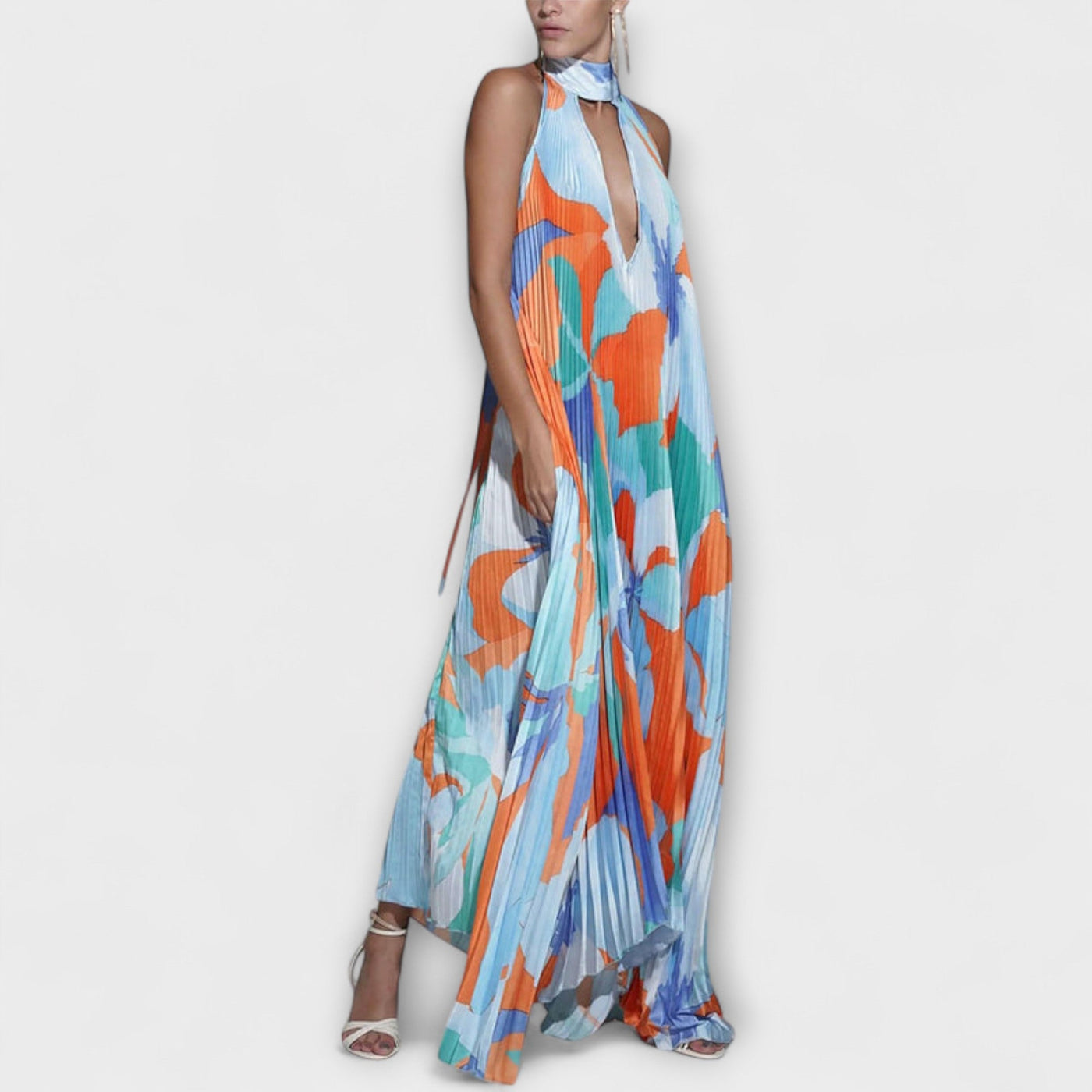 Vida - Schickes Plissiertes Halterneck Rückenfreies Midi-Kleid mit Trägerdesign