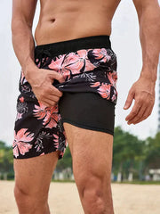 Herren Schnelltrocknende Badehose Mit Kompressions-Innenshorts – Sportliche Strandshorts – Schwarz-orangefarbene Flut