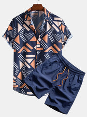 Geometrischer Print Hemd & Schwimmshorts – Marineblau