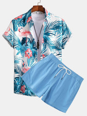 Flamingo Tropischer Print Hemden mit Knöpfen & kurze Schwimmshorts – Hellblau
