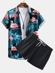 Flamingo Tropischer Print Hemden mit Knöpfen & kurze Schwimmshorts – Schwarz