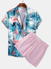 Flamingo Tropischer Print Hemden mit Knöpfen & kurze Schwimmshorts – Hellrosa