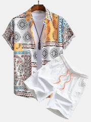 Schal Print Hemden mit Knöpfen & Shorts – Weiß