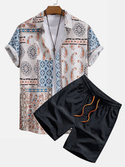 Schal Print Hemden mit Knöpfen & Shorts – Bräune