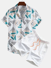 Geometrischer Print Hemd & Schwimmshorts – Weiß