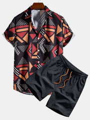 Geometrischer Print Hemd & Schwimmshorts – Schwarz