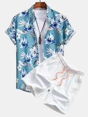 Hemd mit tropischem Blumenmuster & Shorts zum Schwimmen – Cyan und Weiß