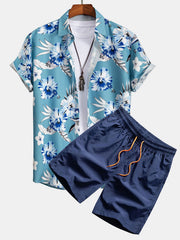 Hemd mit tropischem Blumenmuster & Shorts zum Schwimmen – Cyan