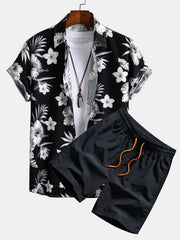 Hemd mit tropischem Blumenmuster & Shorts zum Schwimmen – Schwarz