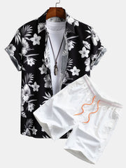 Hemd mit tropischem Blumenmuster & Shorts zum Schwimmen – Schwarz & Weiß