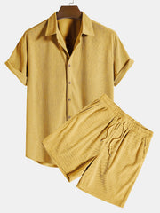Kurzärmeliges Corduroy Hemd mit Knöpfen & Shorts – Gelb