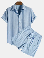 Kurzärmeliges Corduroy Hemd mit Knöpfen & Shorts – Hellblau