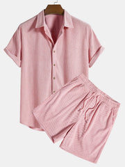 Kurzärmeliges Corduroy Hemd mit Knöpfen & Shorts – Hellrosa