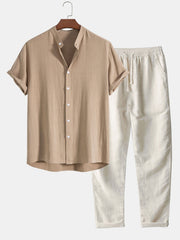 Herren Sommer Zweiteiler Set – Leichtes Hemd Mit Freizeit Hose – Beige