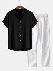 Herren Sommer Zweiteiler Set – Leichtes Hemd Mit Freizeit Hose – Schwarz