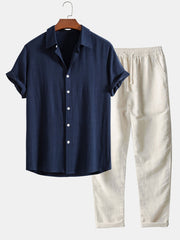 Herren Sommer Zweiteiler Set – Leichtes Hemd Mit Freizeit Hose – Navy blau
