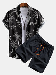 Palm Tree Print Hemd mit Knöpfen & Badeshorts – Schwarz