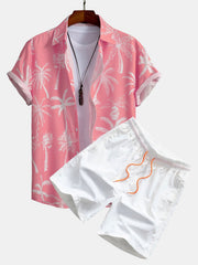 Palm Tree Print Hemd mit Knöpfen & Badeshorts – Hellrosa