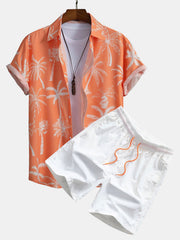 Palm Tree Print Hemd mit Knöpfen & Badeshorts – Orange