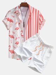 Hemd mit Flamingo-Streifen-Panel und Shorts zum Schwimmen – Weiß