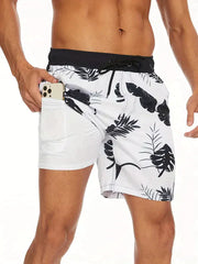Herren Schnelltrocknende Badehose Mit Kompressions-Innenshorts – Sportliche Strandshorts – Monochrome blumen