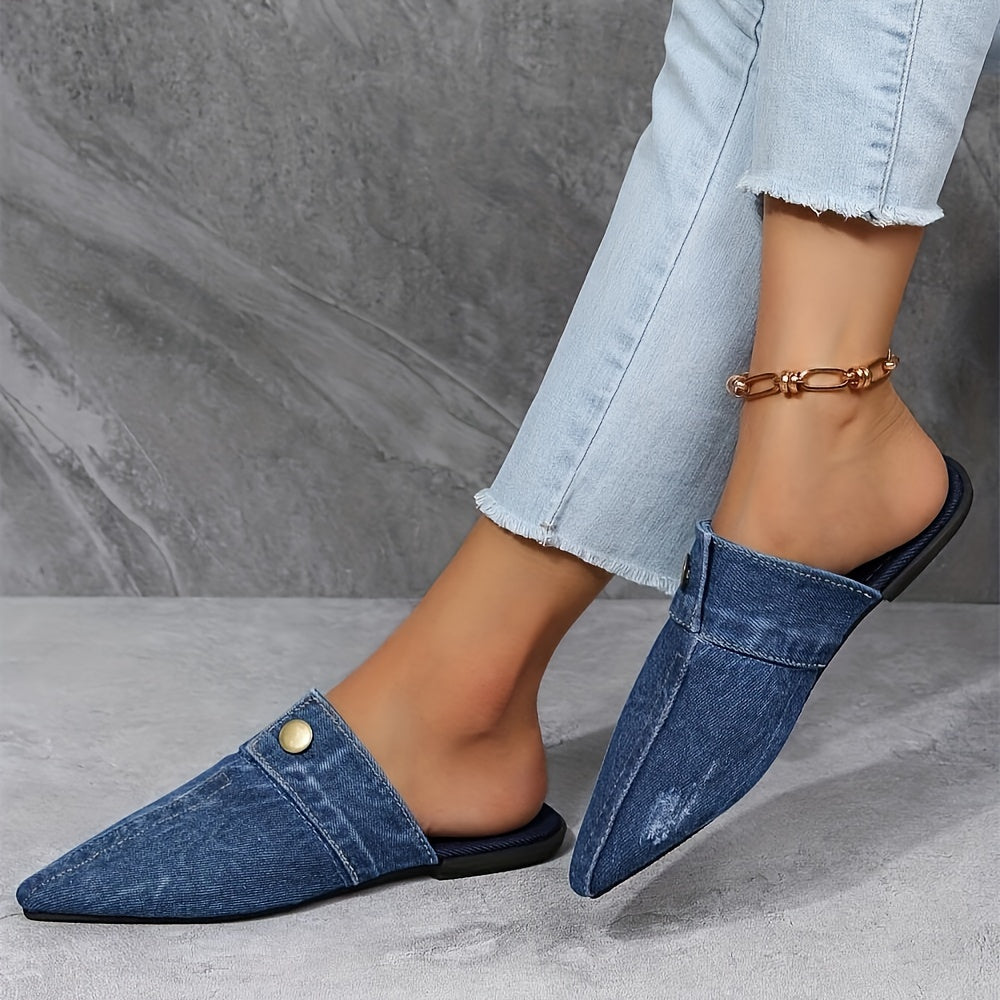 Mules im Denim-Look | Spitz zulaufend | Metallknopf-Detail
