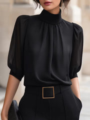 Valessique - Plissee-Bluse mit Stehkragen – Schwarz