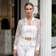 Aderisse - Transparenter floraler Cardigan mit Reißverschluss – Weiß