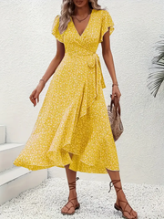 Hannah | V-Ausschnitt Wickel Kleid Rüschen – Gelb