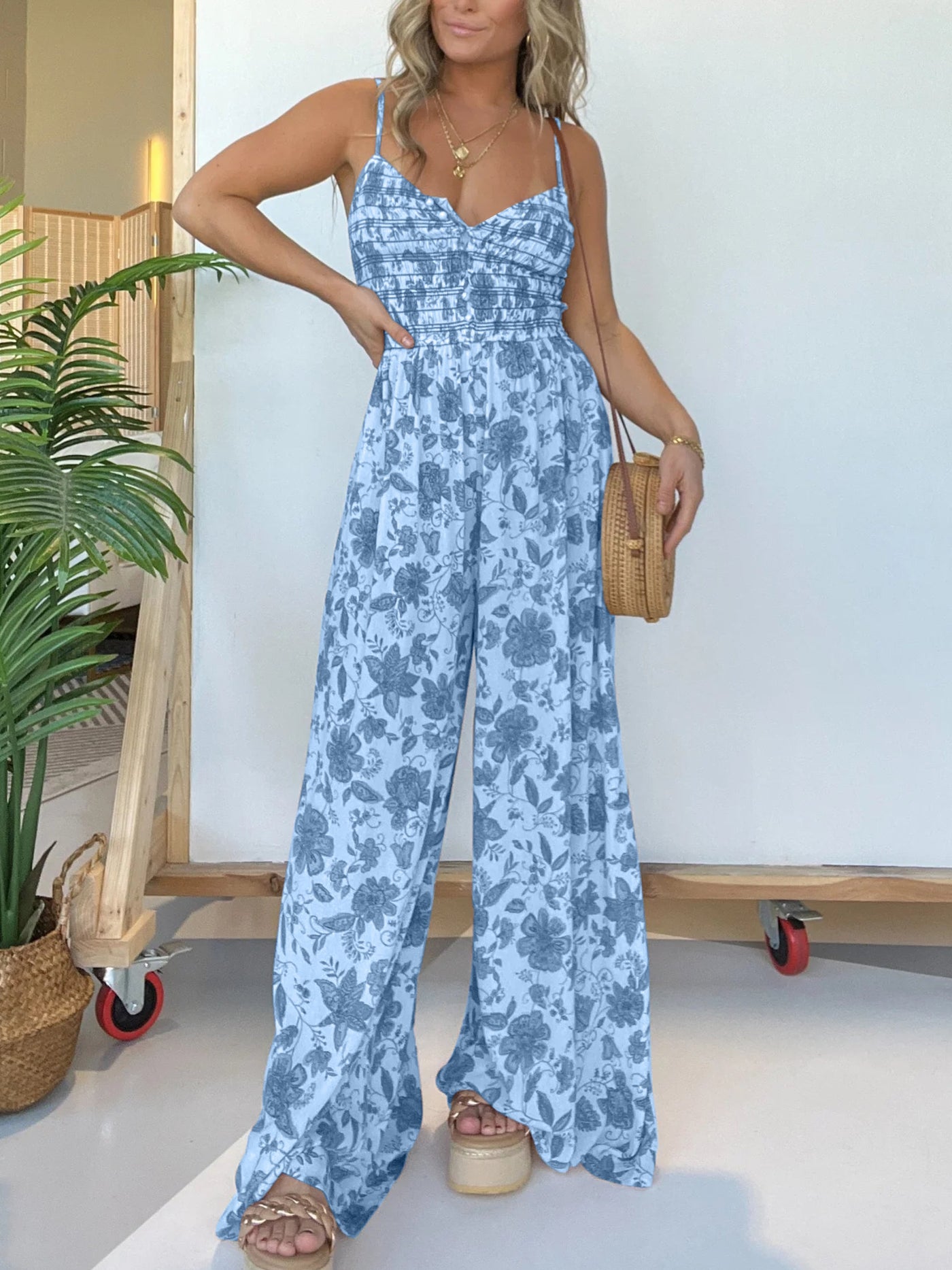 Jumpsuit mit Spaghettiträgern | Smock-Oberteil | Florales Design