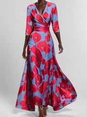 Lea | Strand-Glamour Elegantes Maxi-Kleid-Ensemble mit Halbarm – Blau-Rot