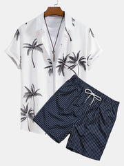 Hemd mit Palmenmuster und gestreiften Shorts zum Schwimmen – Weiß