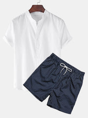 Hemd im Leinen-Look mit kurzen Ärmeln und gestreifte Shorts zum Schwimmen – Weiß