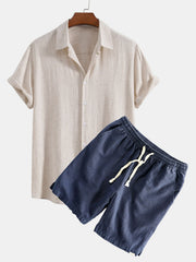 Hemd aus Leinen-Viskose-Mischung mit Knöpfen & Shorts aus Leinen-Baumwoll-Mischung mit Kordelzug – Beige