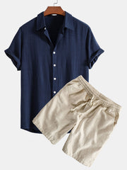 Hemd aus Leinen-Viskose-Mischung mit Knöpfen & Shorts aus Leinen-Baumwoll-Mischung mit Kordelzug – Marineblau