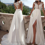 Damen Elegantes Spitzen-Oberteil Hochzeitskleid Mit Fließendem Rock – Brautkleid – Weiß