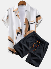 Abstraktes Druck Hemd mit Knöpfen #Zufälliges Musterdesign# & Swim Shorts – Schwarz