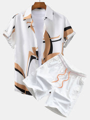 Abstraktes Druck Hemd mit Knöpfen #Zufälliges Musterdesign# & Swim Shorts – Weiß