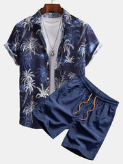 Hemd mit Palmenmuster und Shorts zum Schwimmen – Marineblau