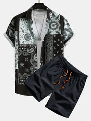 Paisley Patchwork Druck Hemd #Zufälliges Musterdesign# & Swim Shorts – Schwarz
