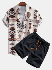 Aztekischer Geometrischer Druck Hemd & Swim Shorts – Beige