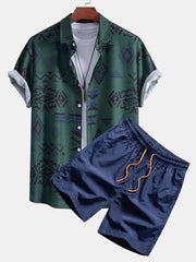 Aztekischer Geometrischer Druck Hemd & Swim Shorts – Dunkelgrün