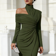 Asymmetrisches, drapiertes Abendkleid mit einer Schulter für Damen – Olivgrün