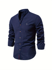 Herren Stehkragen Button Down Hemd - Stilvolles Langarm – Navy Blue