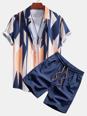 Geometrie Print Hemd mit Knöpfen & Badeshorts – Marineblau