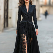 Dreiteiliges Abendgarderoben-Set für Damen: Blazer und Spitzenkleid – Schwarz
